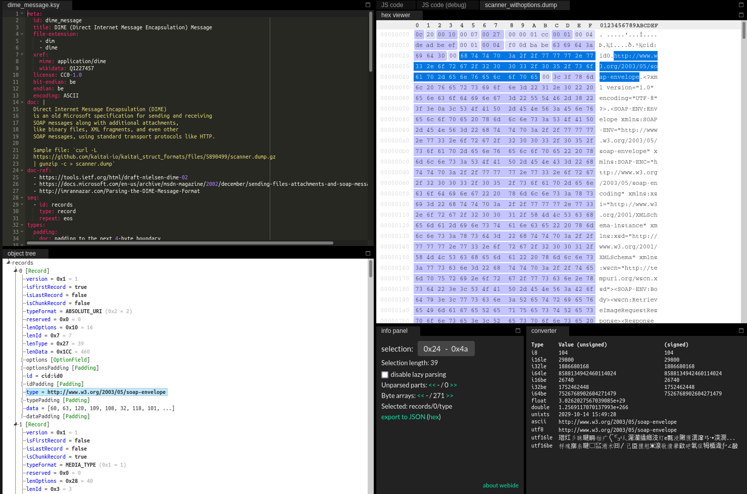 The format open with example scan in the Kaitai IDE